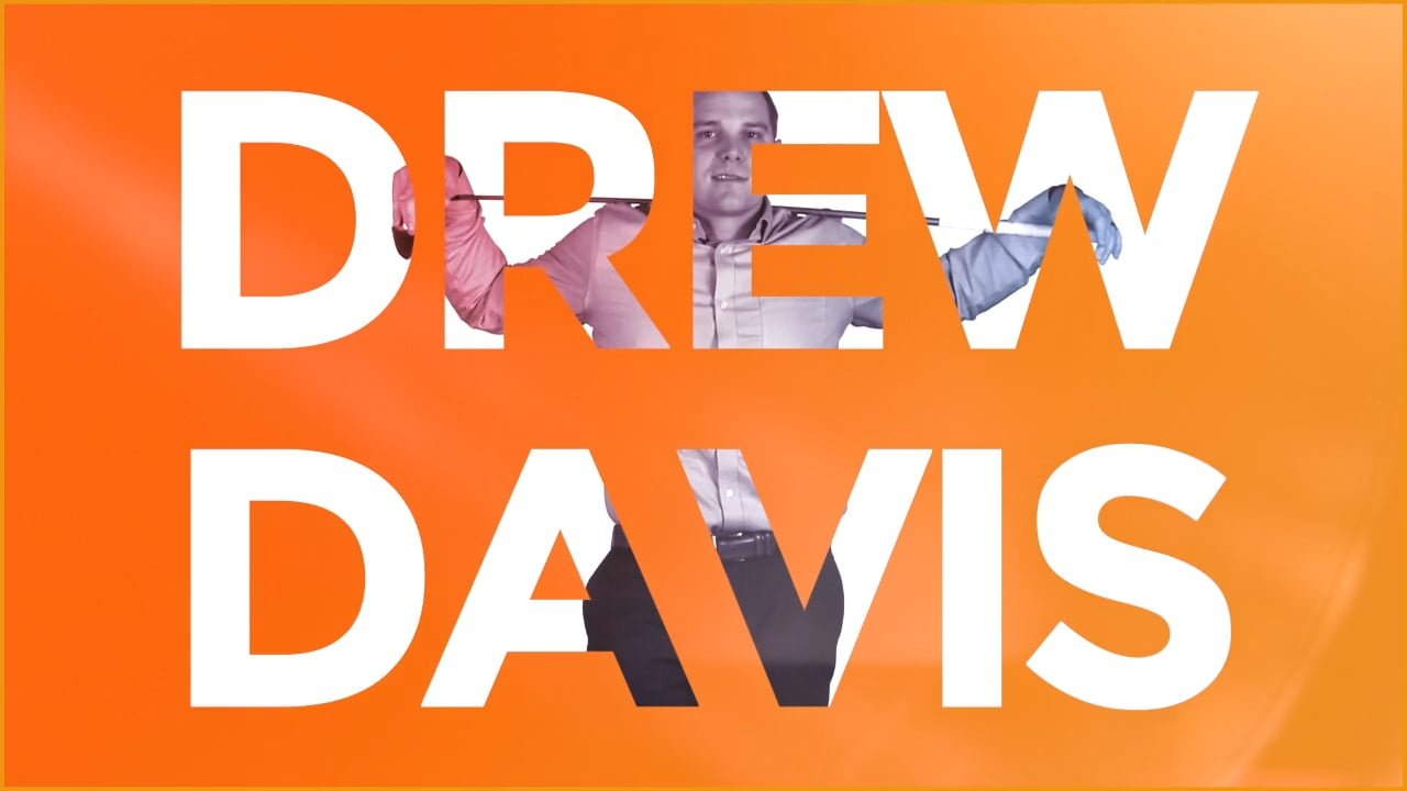 A person holding a pencil with the text 'DREW DAVIS' over a bright orange background.