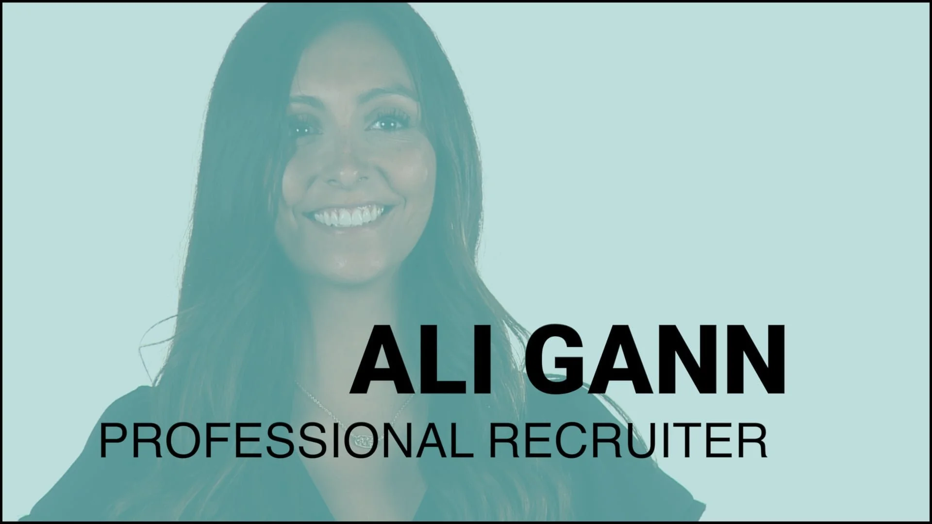 Portrait of a woman with long dark hair smiling, with text overlay saying "Ali Gann Professional Recruiter" on a light blue background.