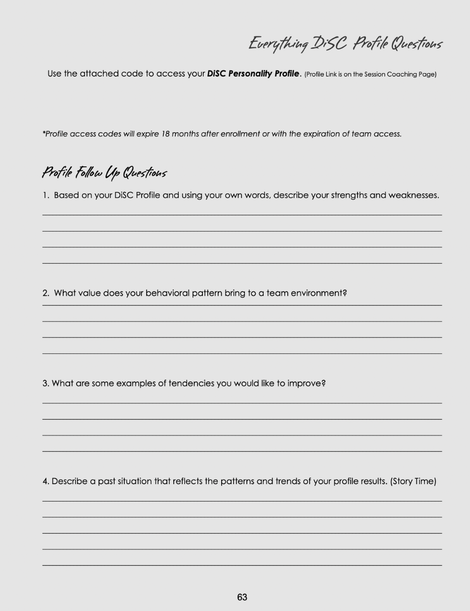 A page from a worksheet titled "Everything DiSC Profile Questions" with instructions to access a DiSC Personality Profile using an attached code. It includes four follow-up questions about strengths, behavioral values, areas for improvement, and past situations reflecting profile results.