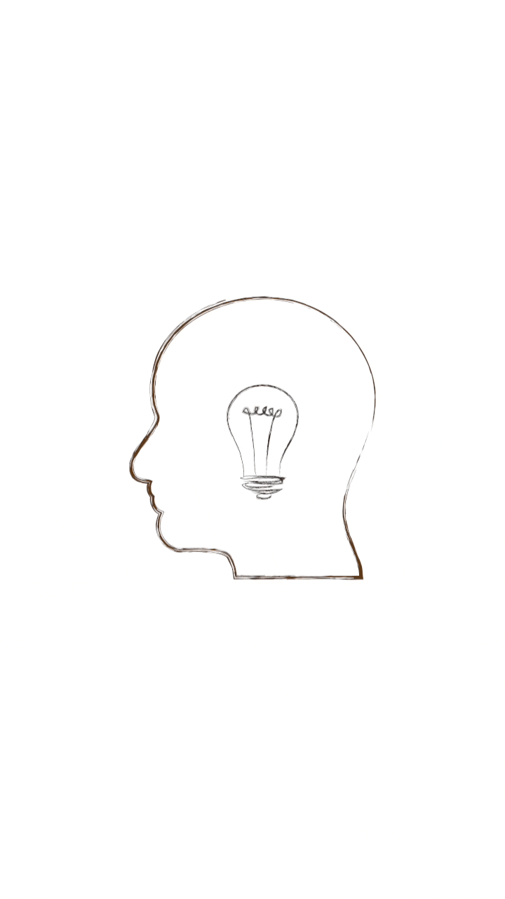 Outline of a human head with a light bulb inside it, representing ideas or thinking.