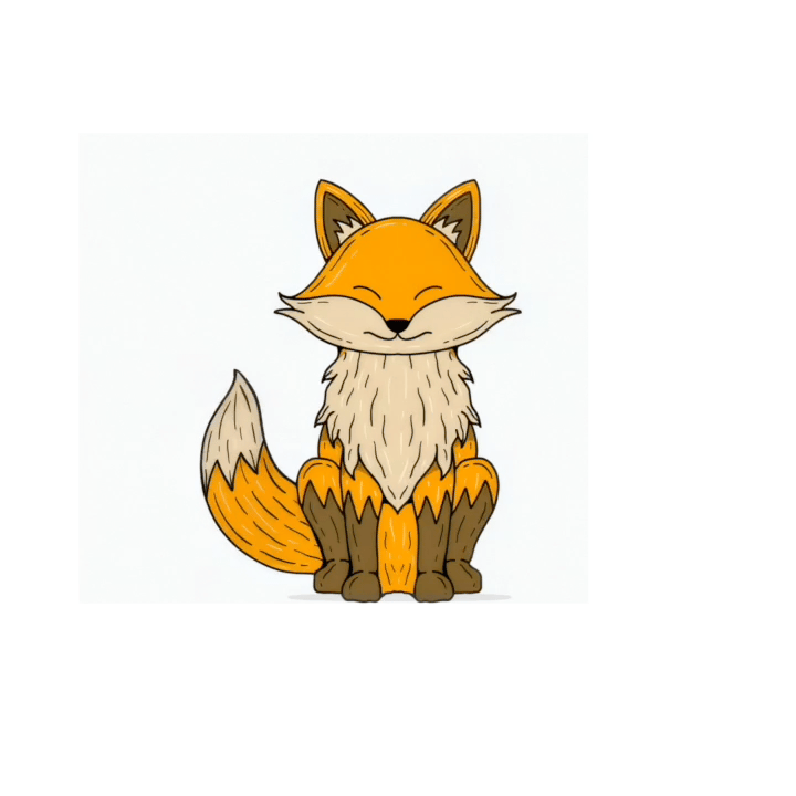 Cute cartoon fox sitting with eyes closed and smiling.