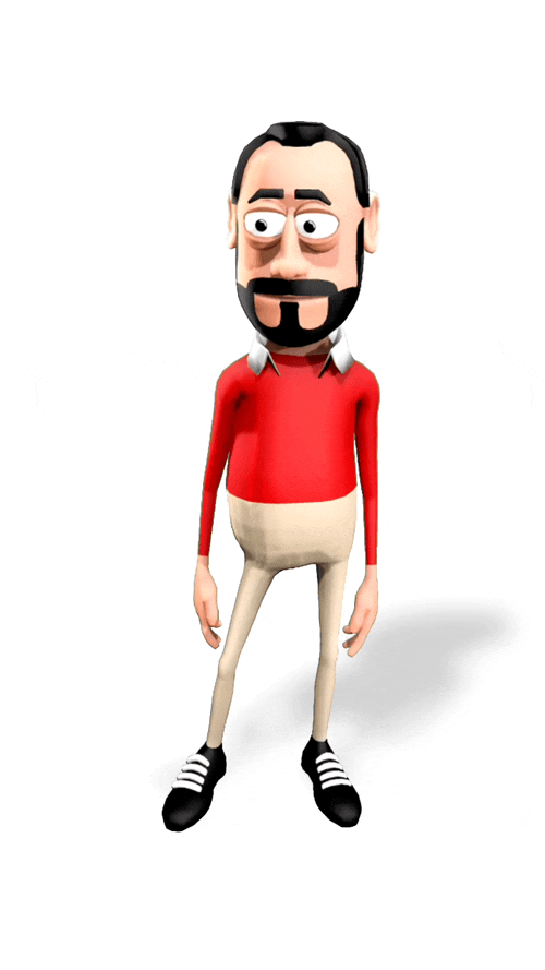 A 3D animated cartoon character of a man with black hair, a beard, wearing a red sweater, beige pants, and black shoes with white stripes, standing against a plain white background.