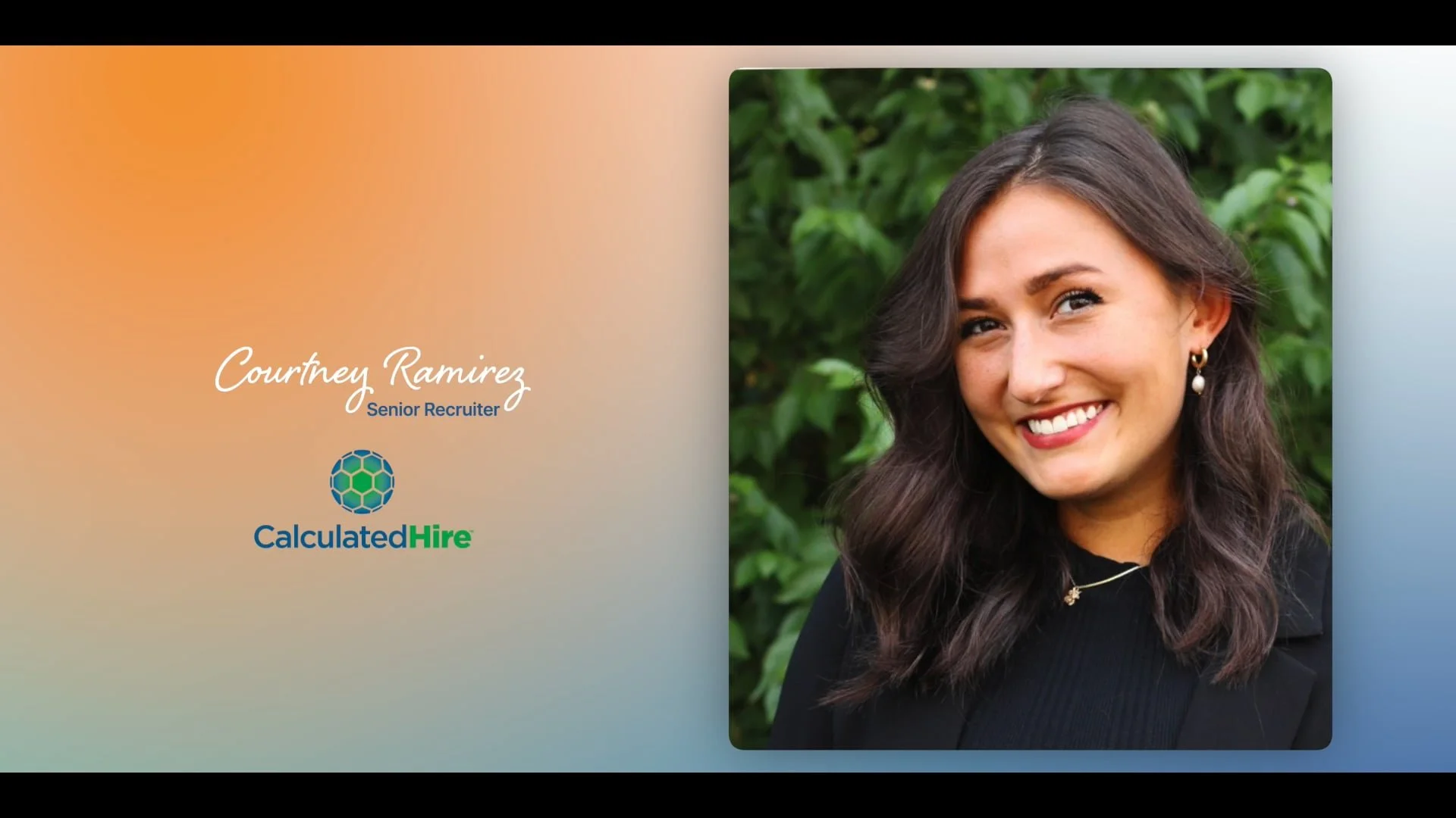 Business card with a photo of a smiling woman wearing jewelry on the right and samples of gradient colors on the left with the name Courtney Ramirez, Senior Recruiter, CalculatedHire.