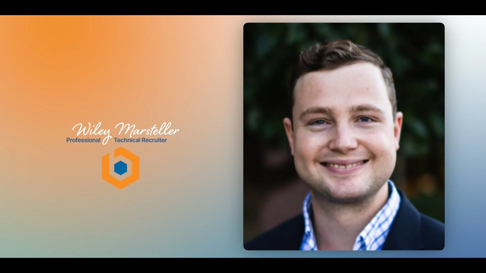 Business card for Wiley Marsteller, Professional Technical Recruiter, with a smiling portrait of Wiley Marsteller on the right side.