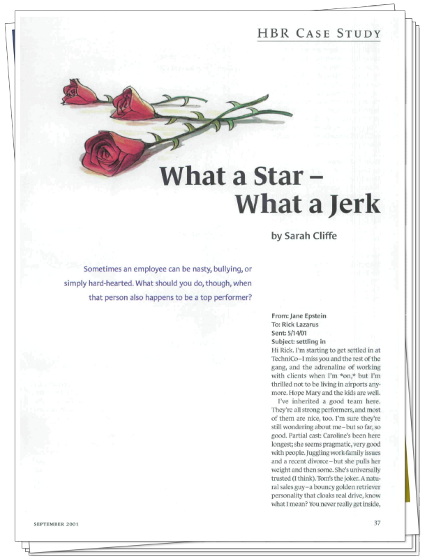 Cover page of a case study titled "What a Star - What a Jerk" by Sarah Cliffe, featuring a drawing of three pink roses at the top and a block of text below.