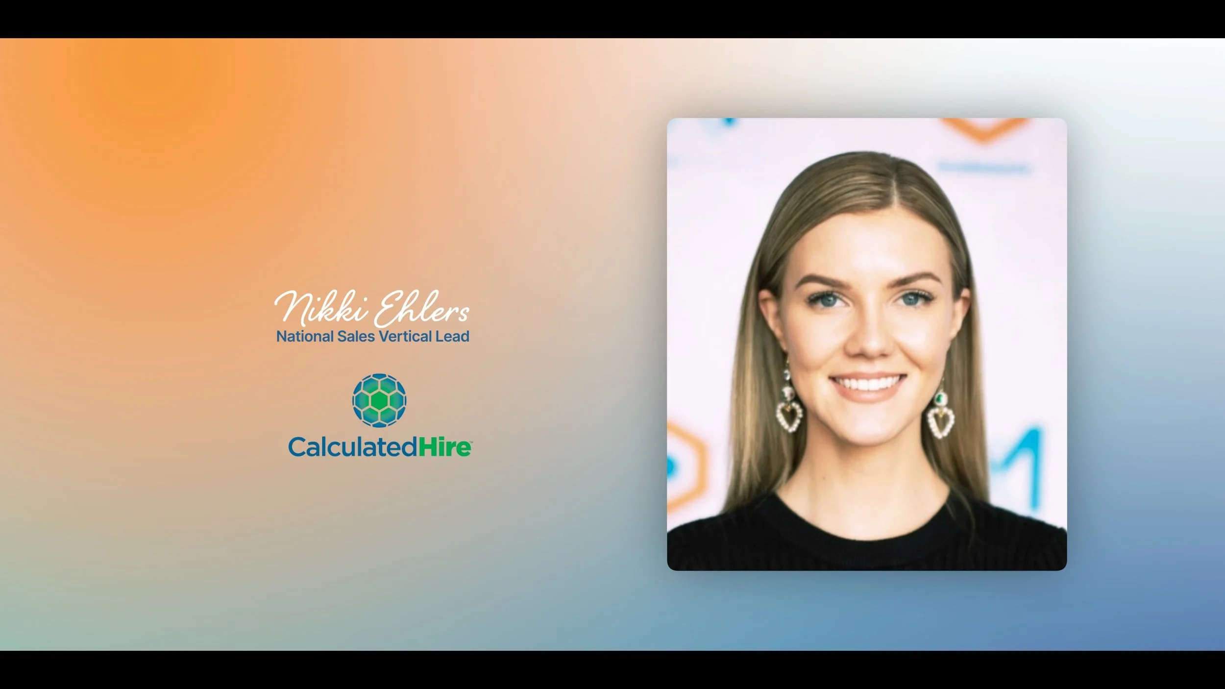 Business presentation slide featuring Nikki Ehlers, National Sales Vertical Lead, with a professional headshot, logo, and company branding.