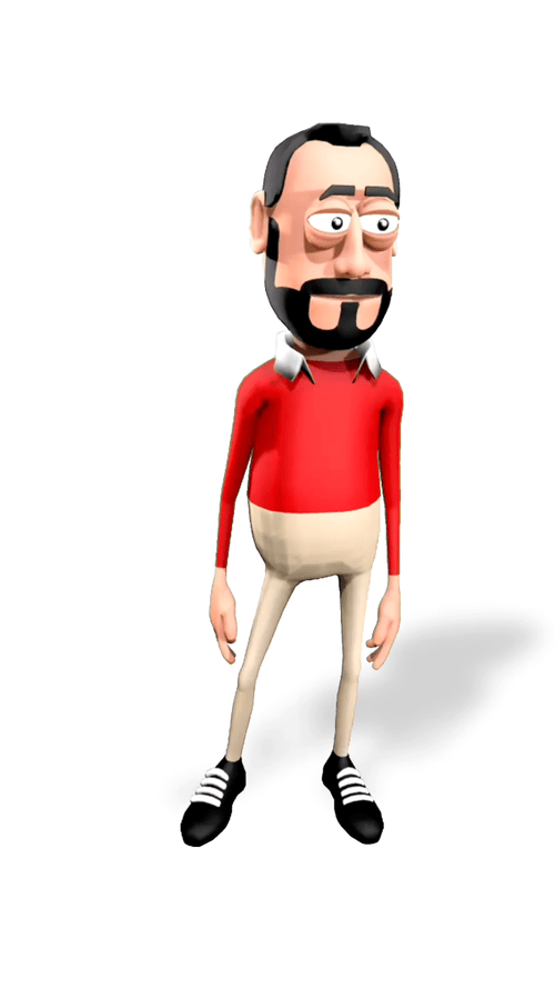 Cartoon character of a man with glasses, a beard, wearing a red sweater, beige pants, and black sneakers, standing with arms at his sides.