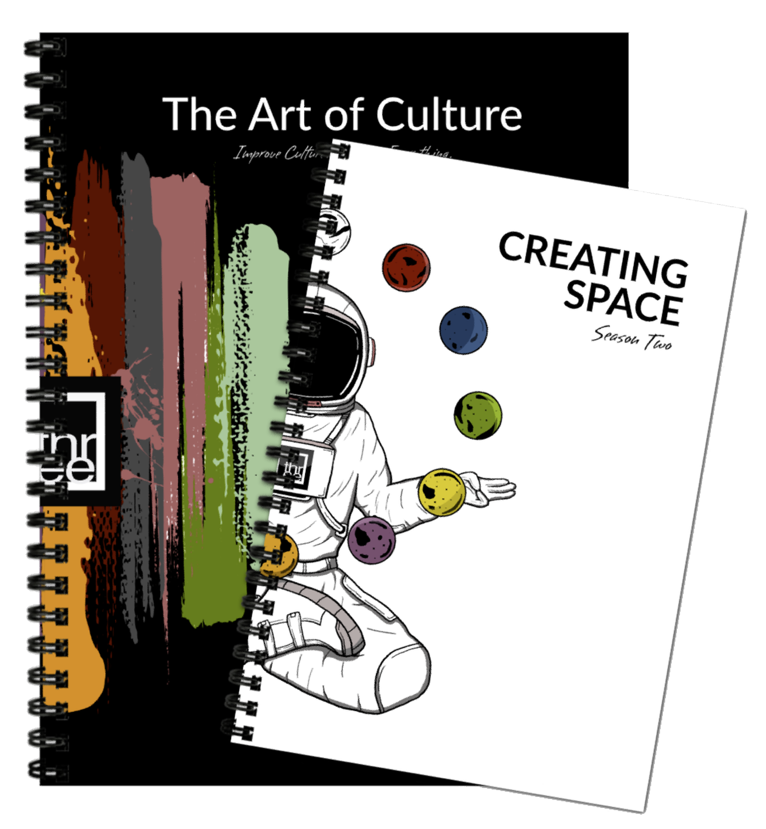 Two spiral-bound notebooks, one with a colorful abstract cover titled "The Art of Culture" and the other with a white cover titled "Creating Space" with an astronaut illustration and colorful planets.