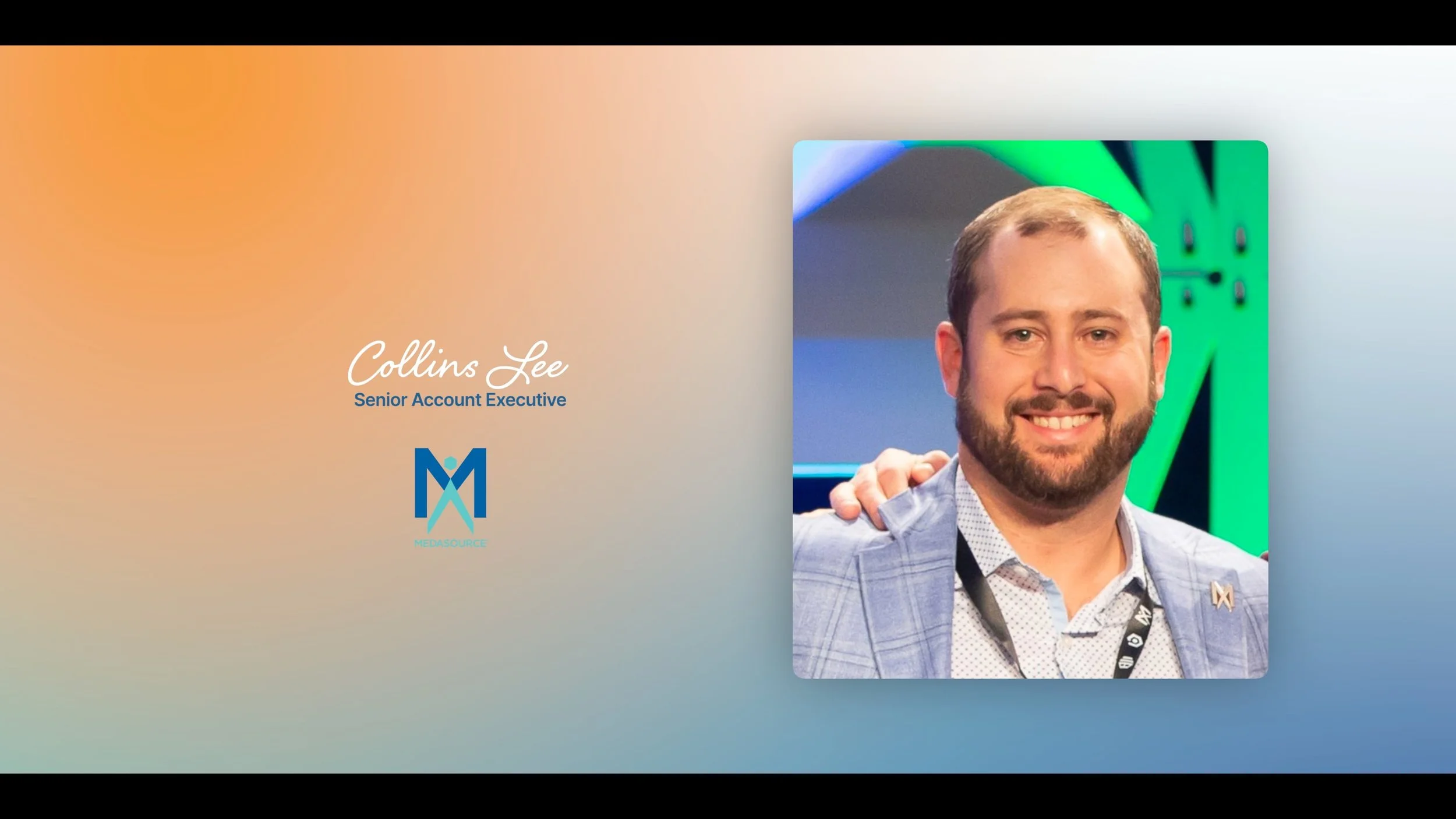 Presentation slide with the name 'Collins Lee', title 'Senior Account Executive', and a company logo, alongside a photo of a smiling man with a beard and short hair wearing a blue blazer and a lanyard, with a green and black background.