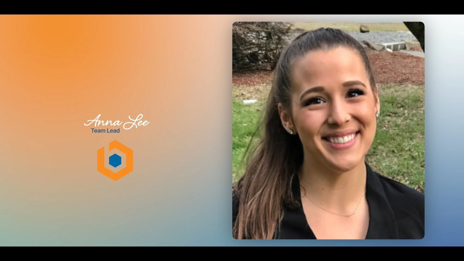 Slide with a photo of a smiling woman with long brown hair in a ponytail, wearing earrings, standing outside in a grassy area. The slide also features a gradient background with orange and light blue hues, and includes text that reads 'Anna Lee' with