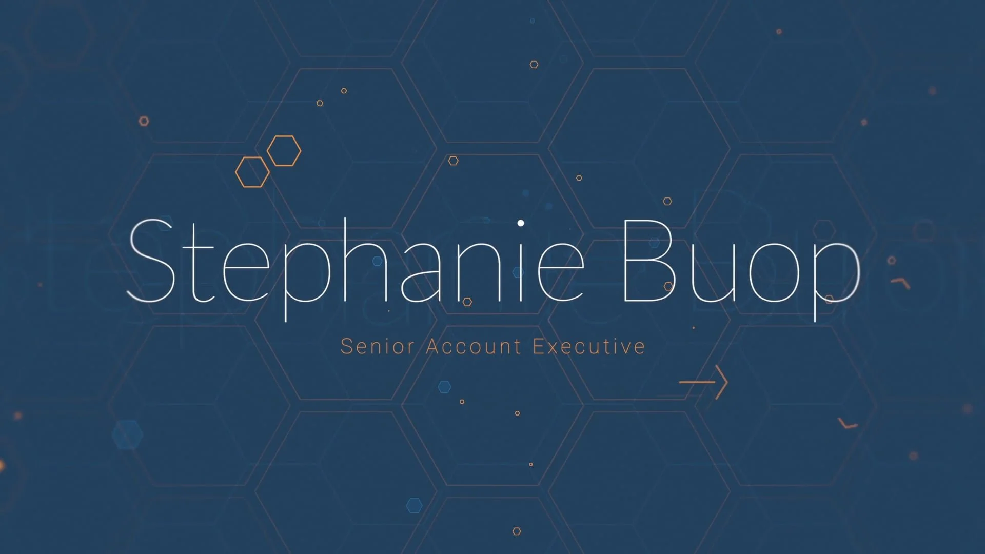 Business card displaying the name Stephanie Buop, Senior Account Executive, on a dark blue background with a hexagon pattern and small dot accents.
