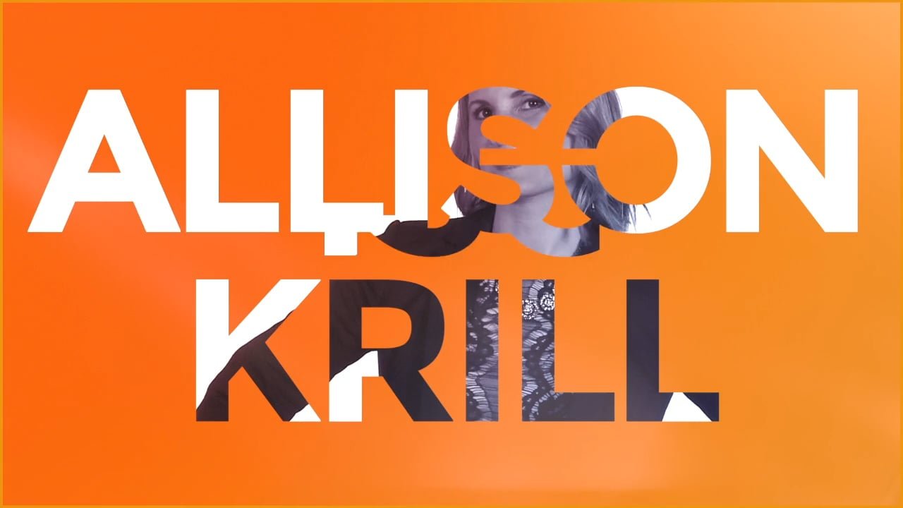 Text overlaying the image that says 'Allison Krill' with a photo of a woman partially visible through the letters, set against an orange background.