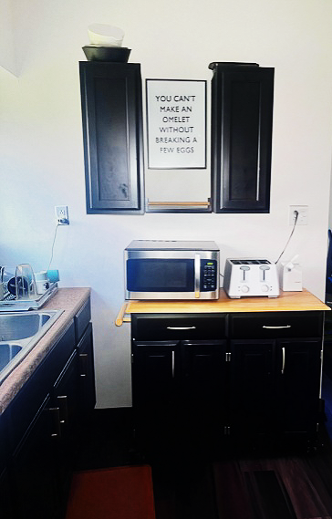 Kitchen area of Valenti House, where men who are focusing on their sobriety prepare and eat their meals.