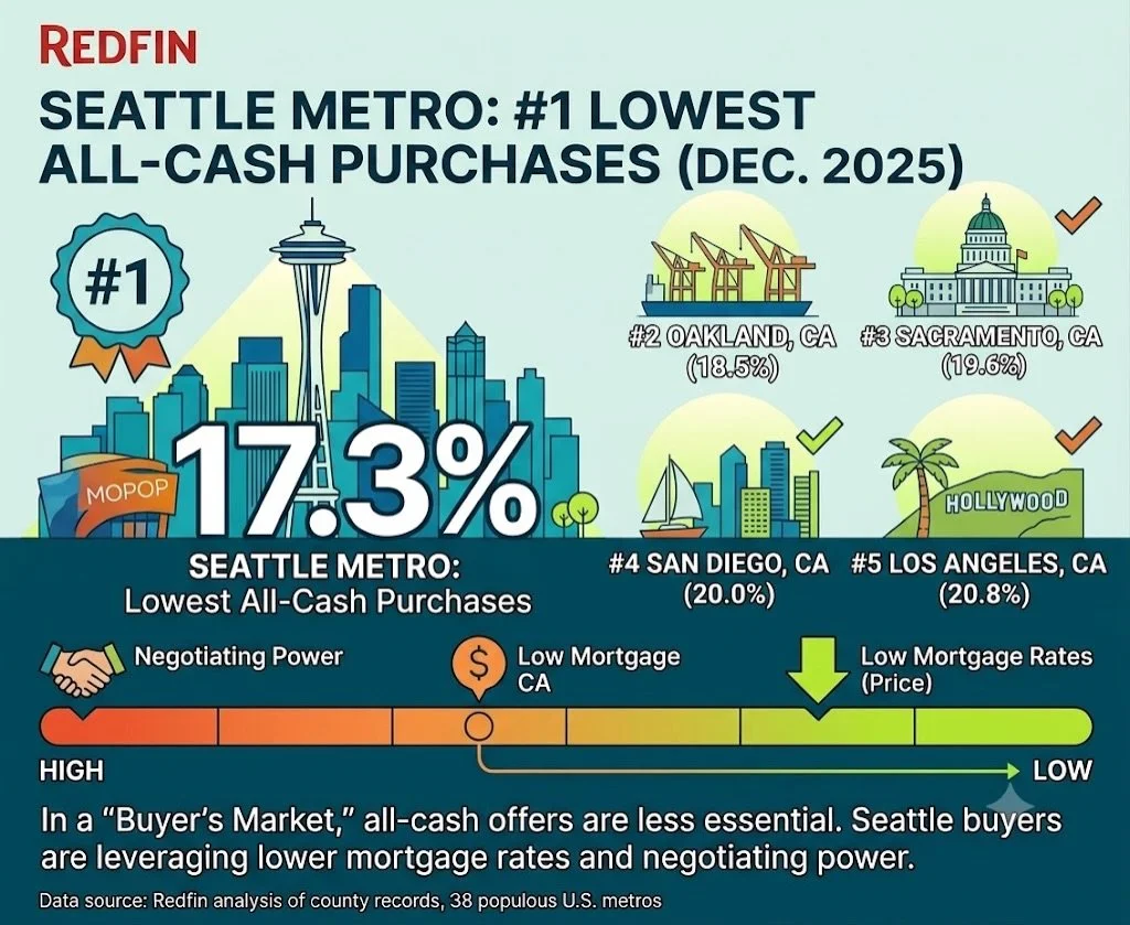 Did you know?? Seattle just ranked as the largest metro with the fewest percentage of cash home purchase transactions. There is a long-standing myth that cash buyers are damaging the housing market, which at least locally, has zero truth. 

#seattle 