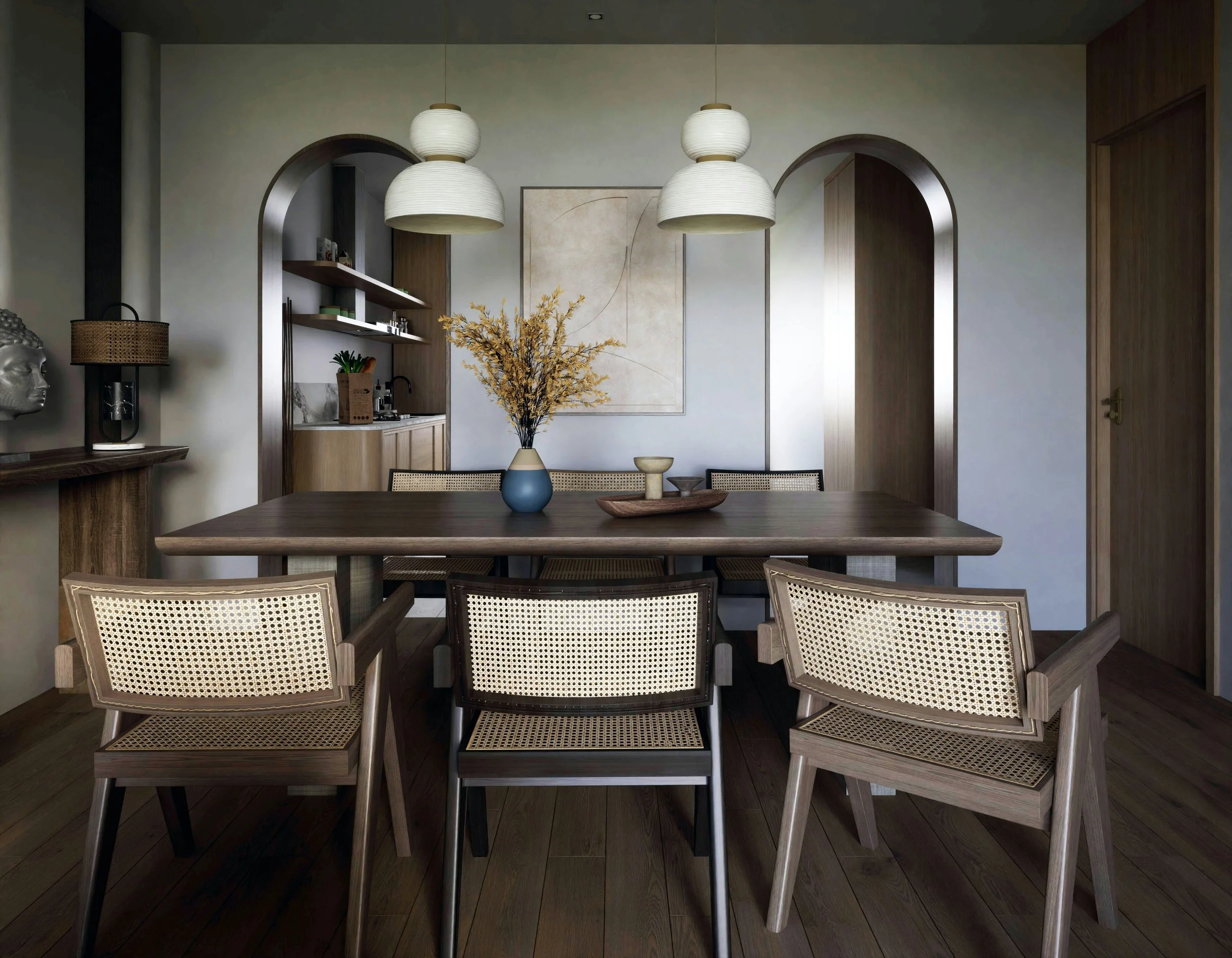 A dining room with a wooden table, six woven cane dining chairs, a blue vase with dried branches, and minimalist decor, including a large abstract wall art and two pendant lights, in natural and neutral tones.