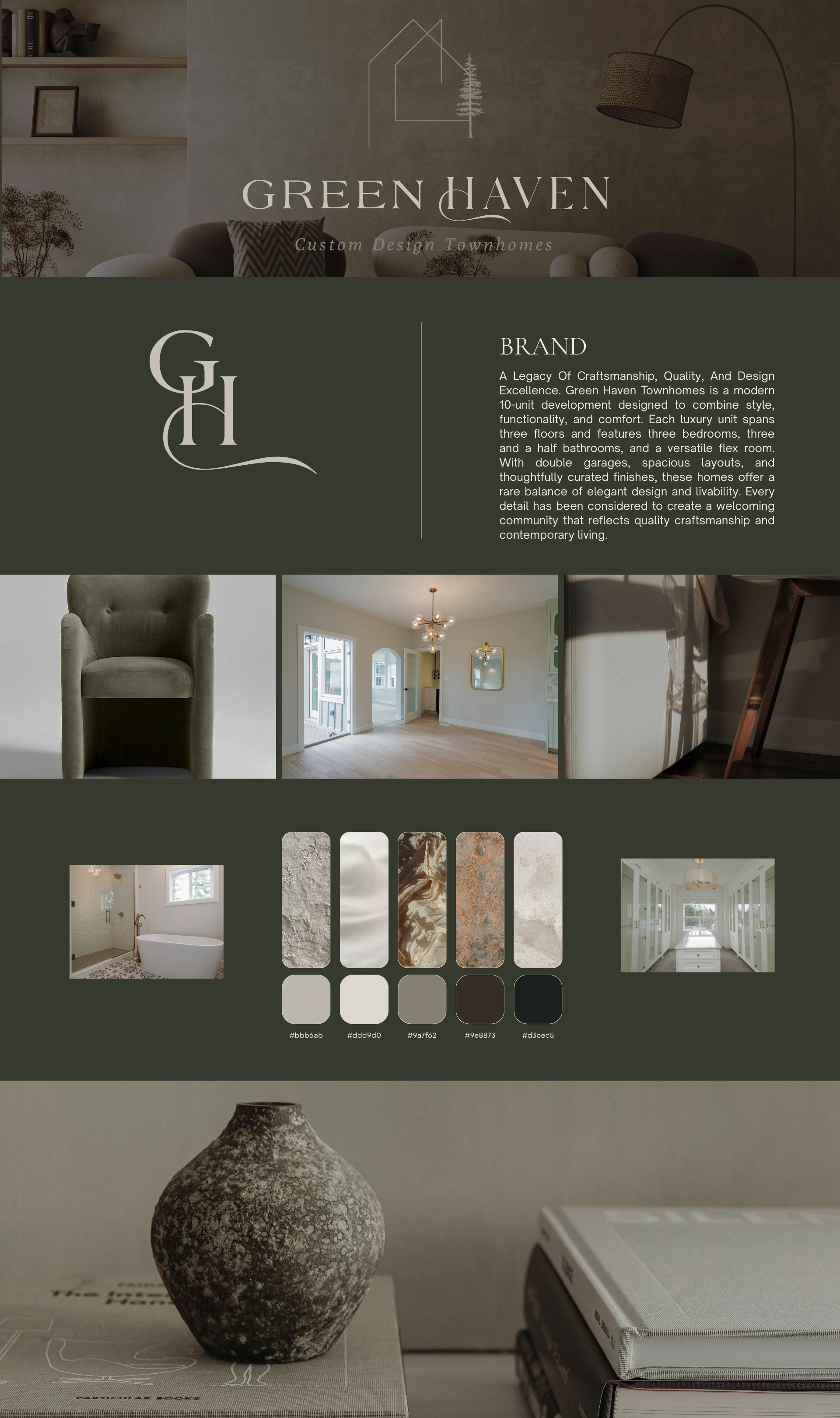 Interior design branding board for Green Haven Townhomes featuring a logo, a description, interior photos, and a color palette with neutral tones and natural textures.