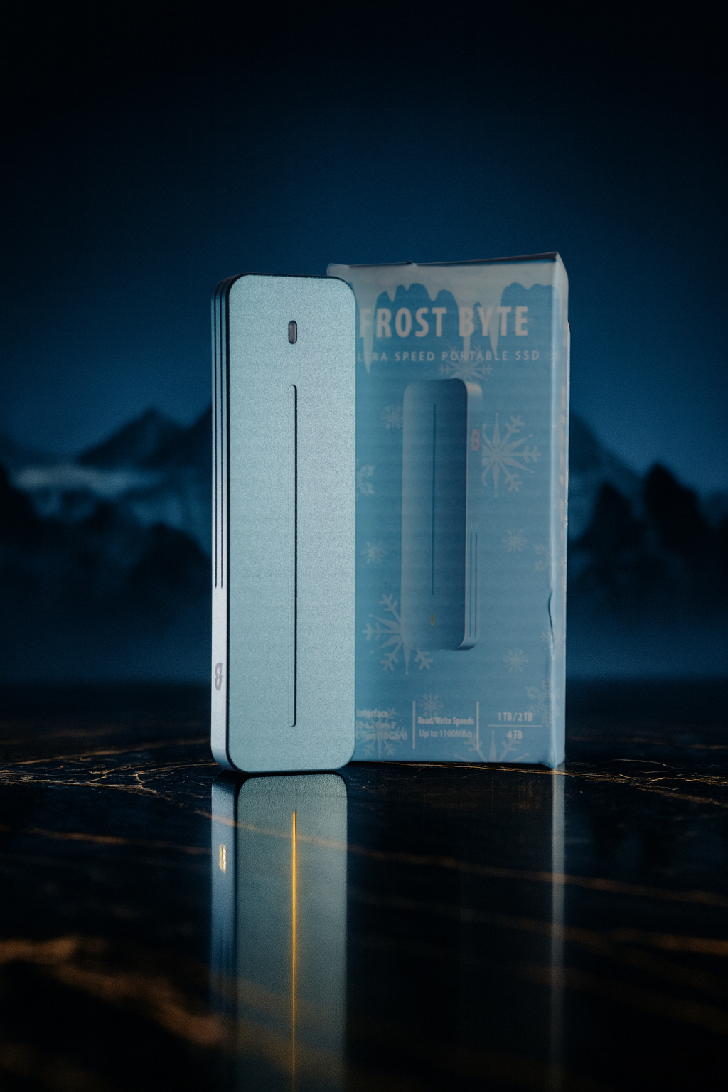 A Frost Byte ultra speed portable SSD with 1TB or 2TB storage capacity, standing upright on a reflective surface with a mountain landscape in the background.