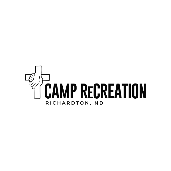 Logo for Camp ReCreation in Richardson, North Dakota, featuring a cross with two hands clasping each other.