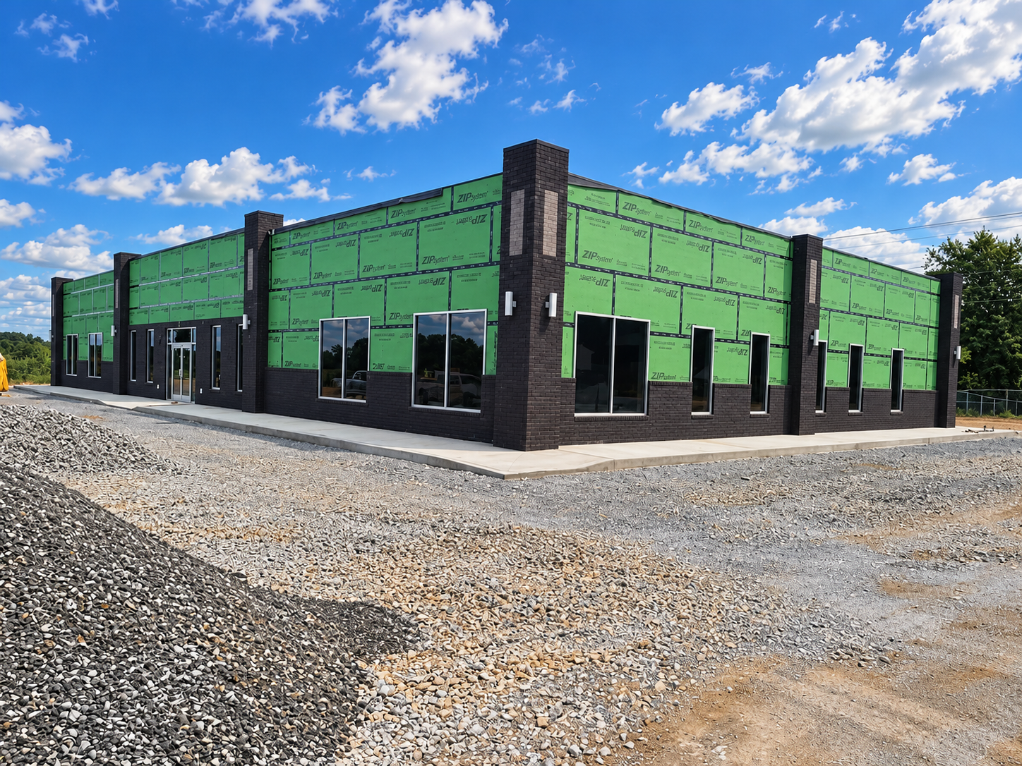 Commercial building under construction with green ZIP System sheathing, black brick columns, windows, and gravel-covered grounds