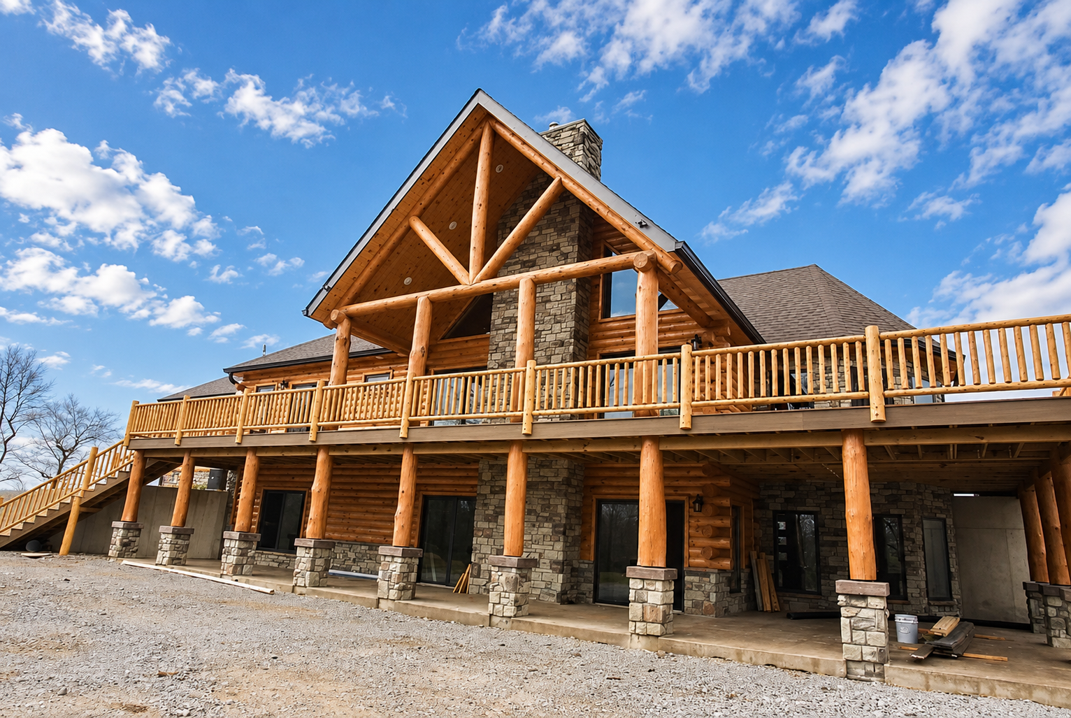 Large rustic log cabin with stone accents, wraparound deck, and covered porch under a bright blue sky