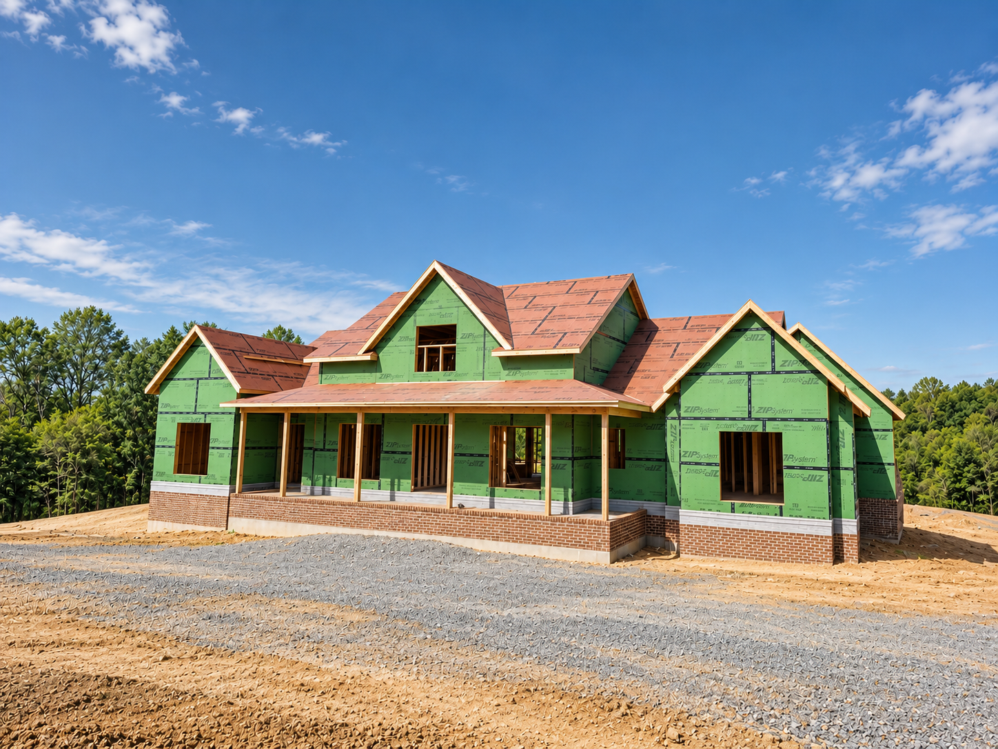 Newly framed suburban house under construction with green sheathing, brick foundation, and unfinished roof against a blue sky