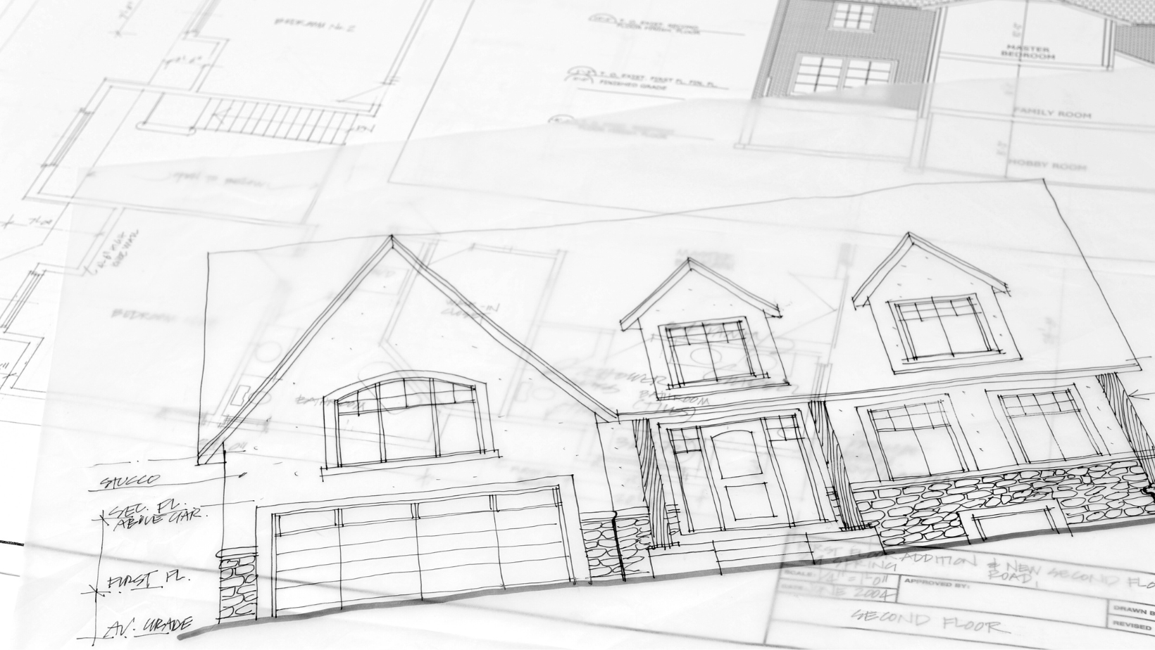 Architectural house elevation sketch overlaid on residential building blueprints