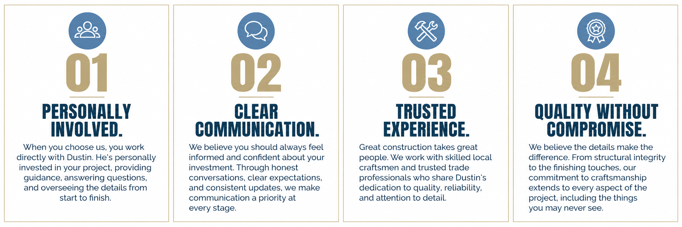 Four-panel construction company graphic outlining benefits: personally involved, clear communication, trusted experience, and quality without compromise.