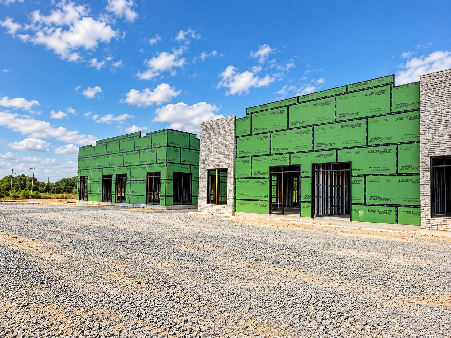 Commercial building under construction with green ZIP System sheathing, stone facade accents, and a gravel parking area under a blue sky