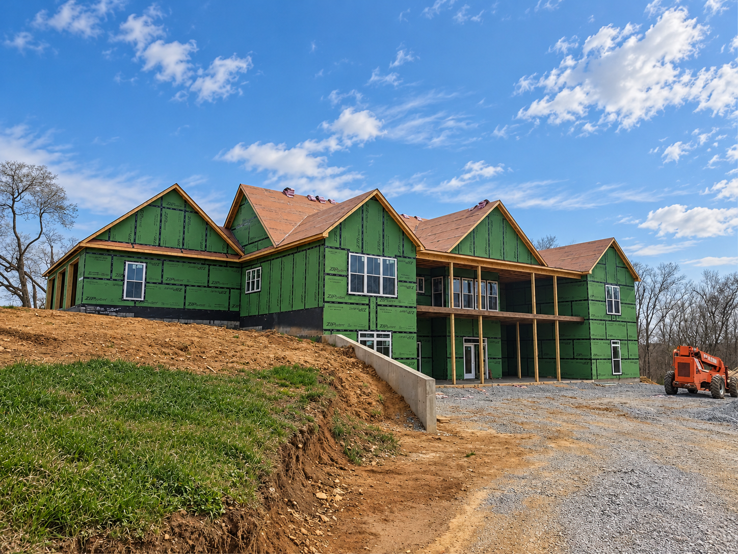 Large house under construction with green sheathing, unfinished roof, porch, and orange telehandler on a wooded hillside