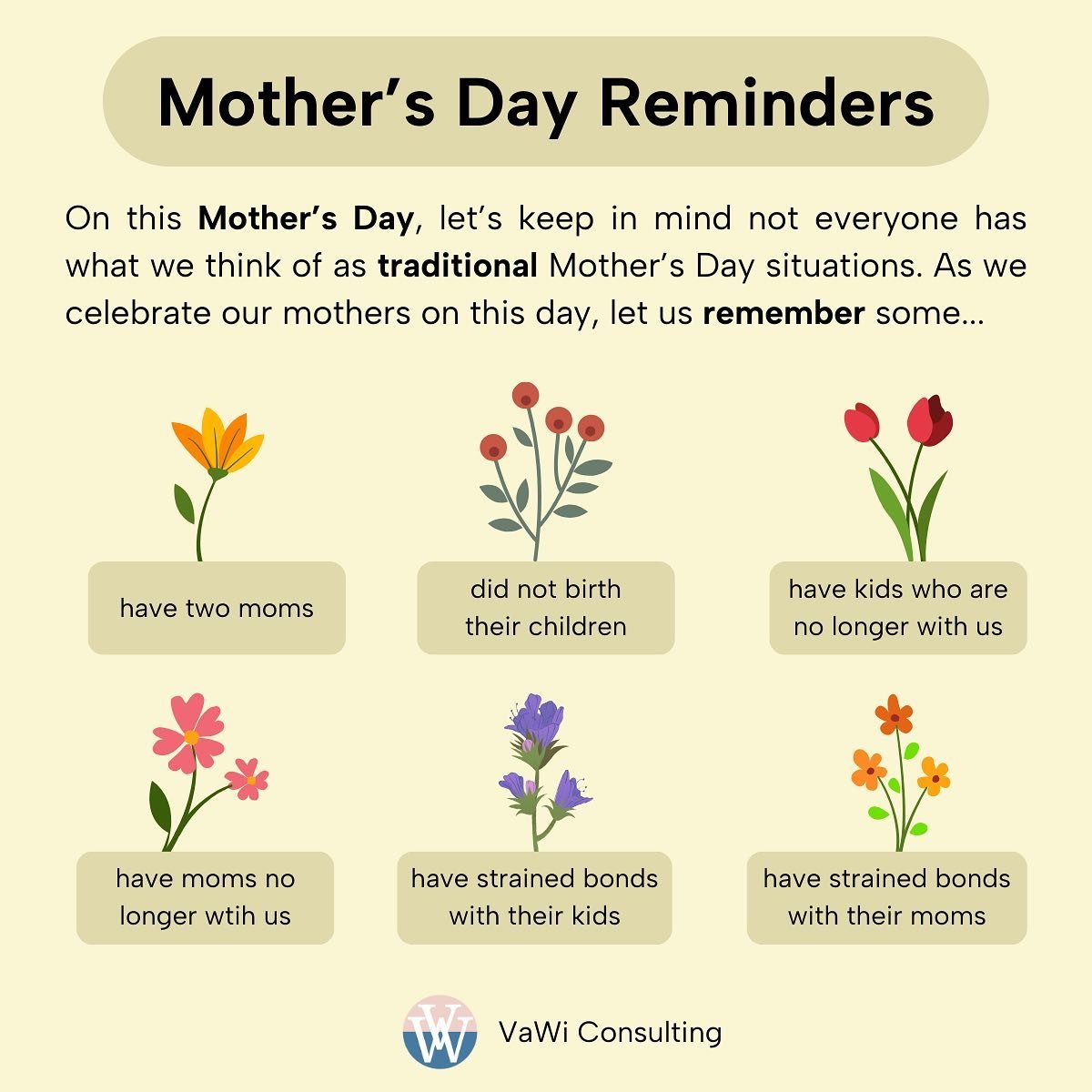 As we approach Mother&rsquo;s Day this weekend, let us be mindful of the ways others observe this holiday outside of our traditional idea of this day.

Let us remember that some people have two moms, some did not birth their children, some might be m