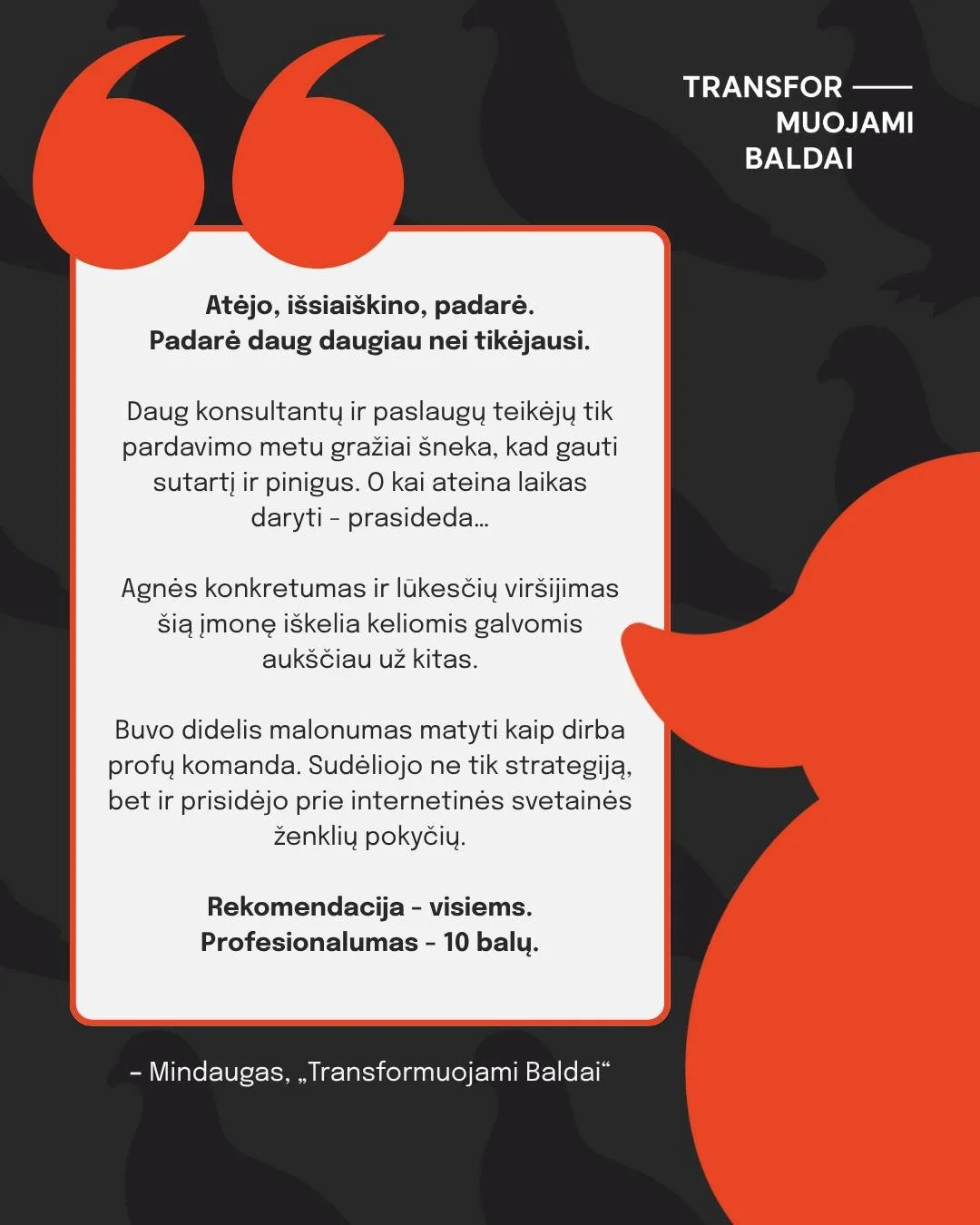 Jau pusę metų džiaugiamės draugyste su prekės ženklu @transformuojamibaldai, už kurio vairo stovintis Mindaugas atskleidė ką apie tai galvoja... 

P.S. Mindaugai, mums irgi patinka su jumis dirbti.  Ačiū! 🦆