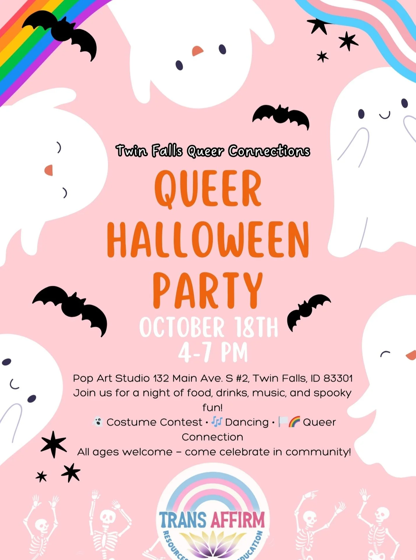 🎃✨ Twin Falls Queer Connections: Queer Halloween Party!🎃
Get ready for a night of food, drinks, music, and spooky fun with your queer community! Join us on Friday, October 18th, from 4&ndash;7 PM at Pop Art Studio (132 Main Ave. S #2, Twin Falls, I