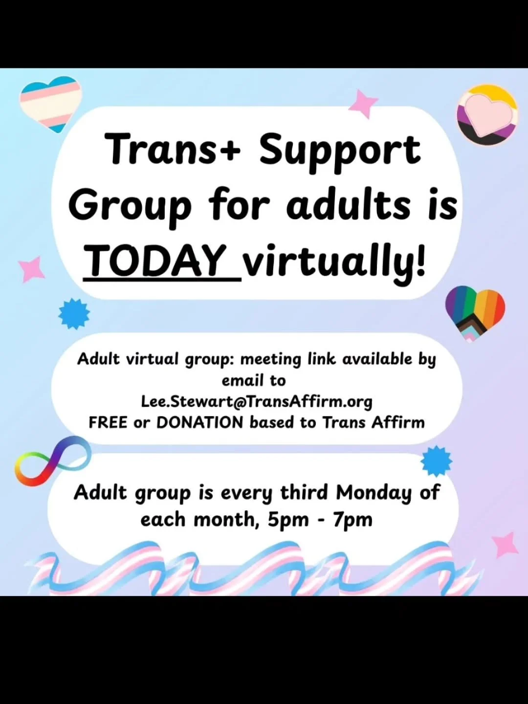 📣 Happening TODAY!

Our Trans+ Adult Virtual Support Group is meeting tonight! 💻💬
Open to all trans, nonbinary, and gender-diverse adults (19+) across Idaho&mdash;especially those in rural areas without access to local resources or community.

Thi