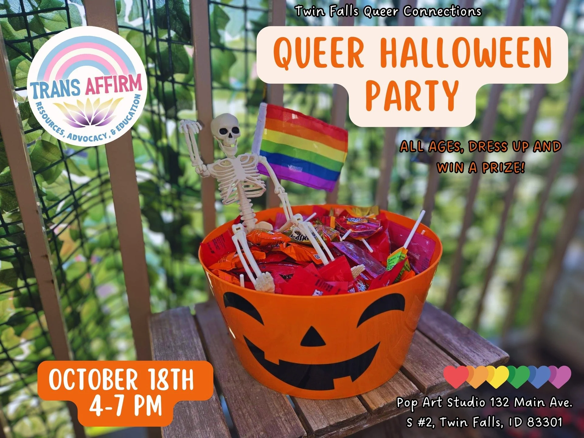 🎃 Halloween&rsquo;s almost here &mdash; and so is our Twin Falls Halloqueer event! 🎃

Come hang out with us for a night full of community, candy, and costumes! (FYI, ALLIES ARE WELCOME!) We&rsquo;ll have:

🍬 Halloween-themed snacks &amp; treats 
?