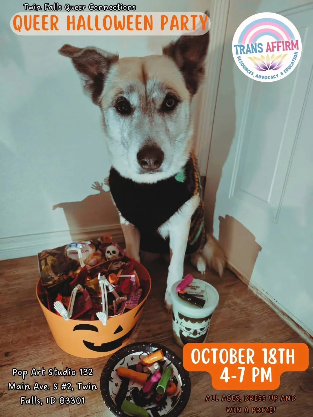 🎃Moshi&rsquo;s all dressed up and ready to paw-ty 🎩🐾
Don&rsquo;t leave her hangin&rsquo; &mdash; our Queer Halloween Party is in 3 days! 👻

🎟️ When: Oct 18th POP ART Studio, Twin Falls
💀 FREE &amp; Open for ALL AGES! ALLIES WELCOME! 🫂
🧡 Goodi