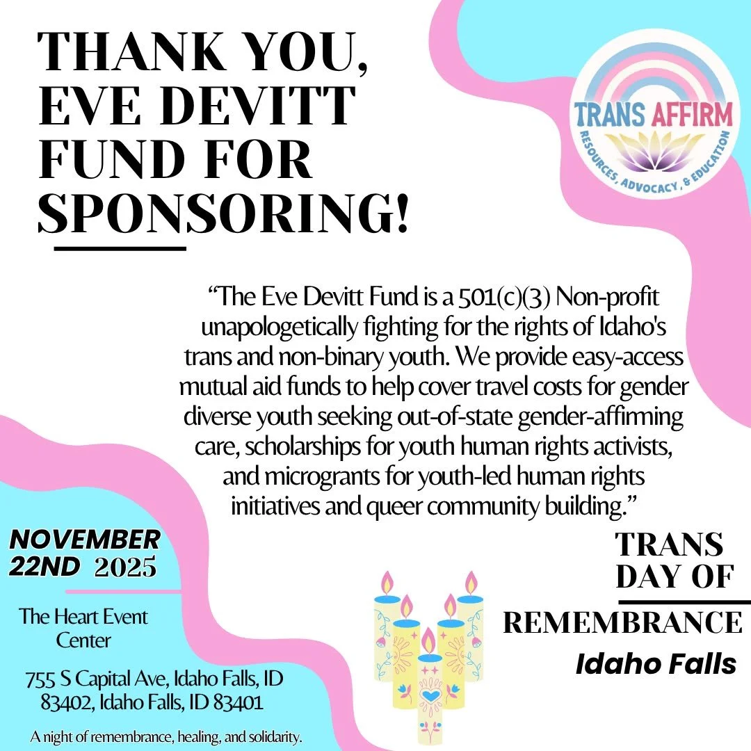 🌹 Thank You to Our TDOR Sponsor: The Eve Devitt Fund 🌹
Trans Affirm would like to give a huge thank-you to The Eve Devitt Fund (@evedevittfund )for sponsoring this year’s Trans Day of Remembrance (TDOR) event. 💙
The Eve Devitt Fund is an I