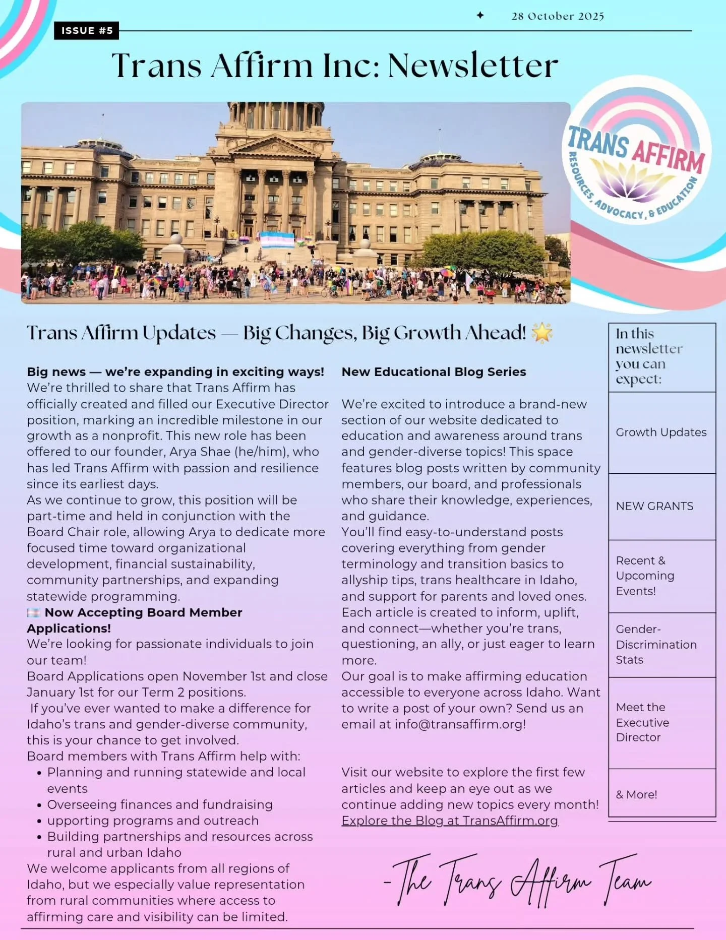 🎉 Our October Newsletter just dropped! Full of updates, events, and resources from Trans Affirm.

Wanna stay in the loop without missing a thing? 📬 Sign up for our email list on our website and get all the goodness straight to your inbox! 💌 Plus, 