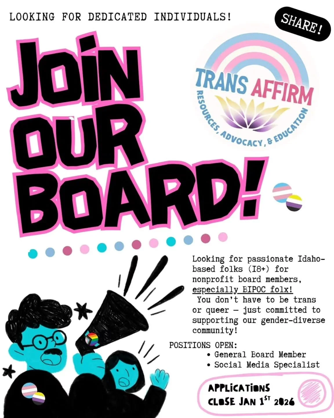 🎉 Board Applications Are STILL OPEN! 🎉 BUT NOT FOR LONG

We are in the interview process of our applications and want to remind folks applications close JAN 1ST! As we grow, the desperate need for dedicated individuals to work with us only grows. P