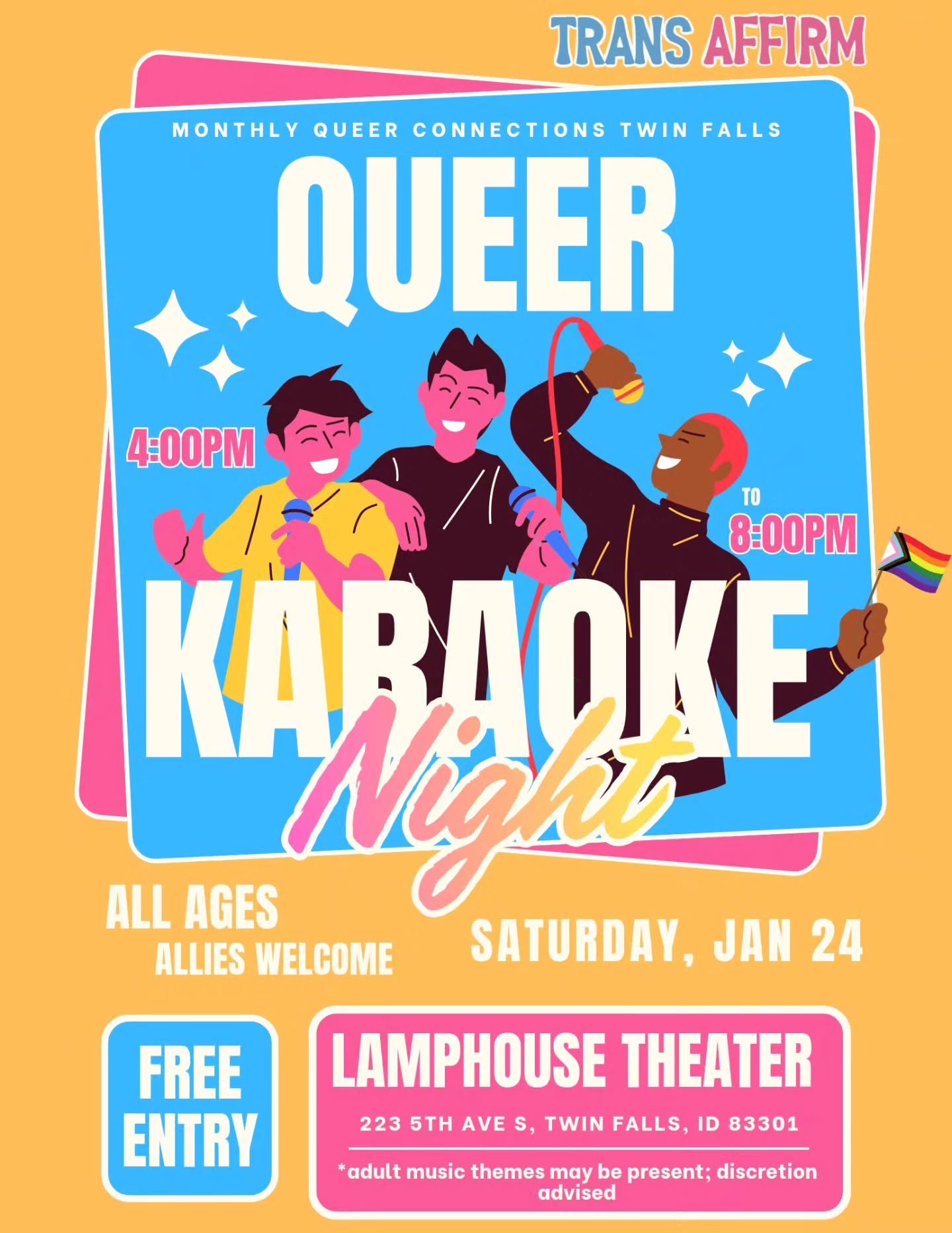 🎤🌈 Monthly Queer Connections: Queer Karaoke Night 🌈🎤

Join Trans Affirm this January for our Monthly Queer Connections event in Twin Falls, and this time, we&rsquo;re turning up the volume with Queer Karaoke! Come sing your heart out, cheer on fr