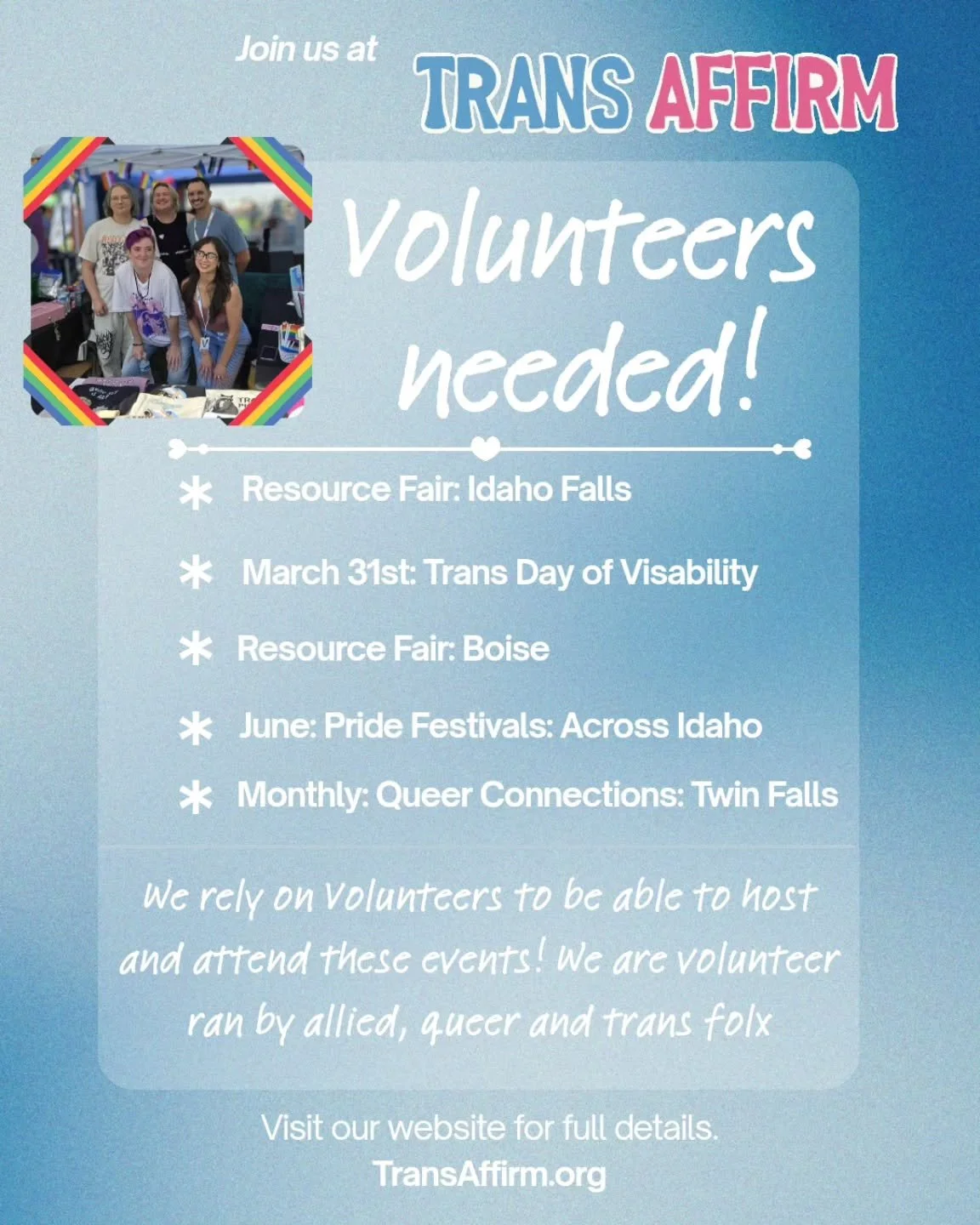 ✨️ We&rsquo;re looking for volunteers to support our upcoming Trans Affirm events. We need help with securing locations, email communications, event day support, transporting items, tabling, and more. Whether you want to help behind the scenes or on 