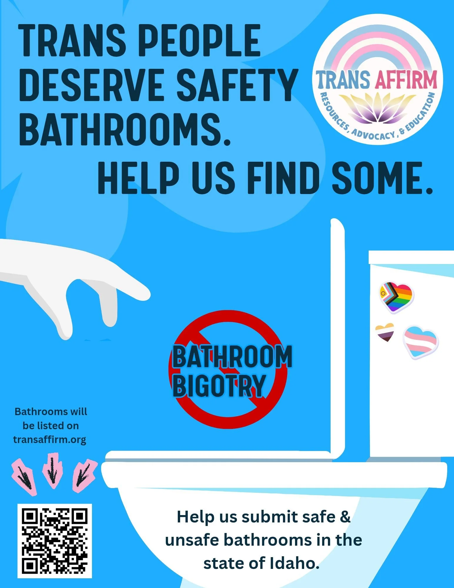 A digital poster advocating for safe bathrooms for trans people, featuring a drawing of a toilet and a hand pointing to it. The poster emphasizes that bathrooms are listed on transaffirm.org, with a QR code for more information. It highlights the importance of support for safe and inclusive bathroom environments in Idaho, and features logos and stickers supporting LGBTQ+ rights.