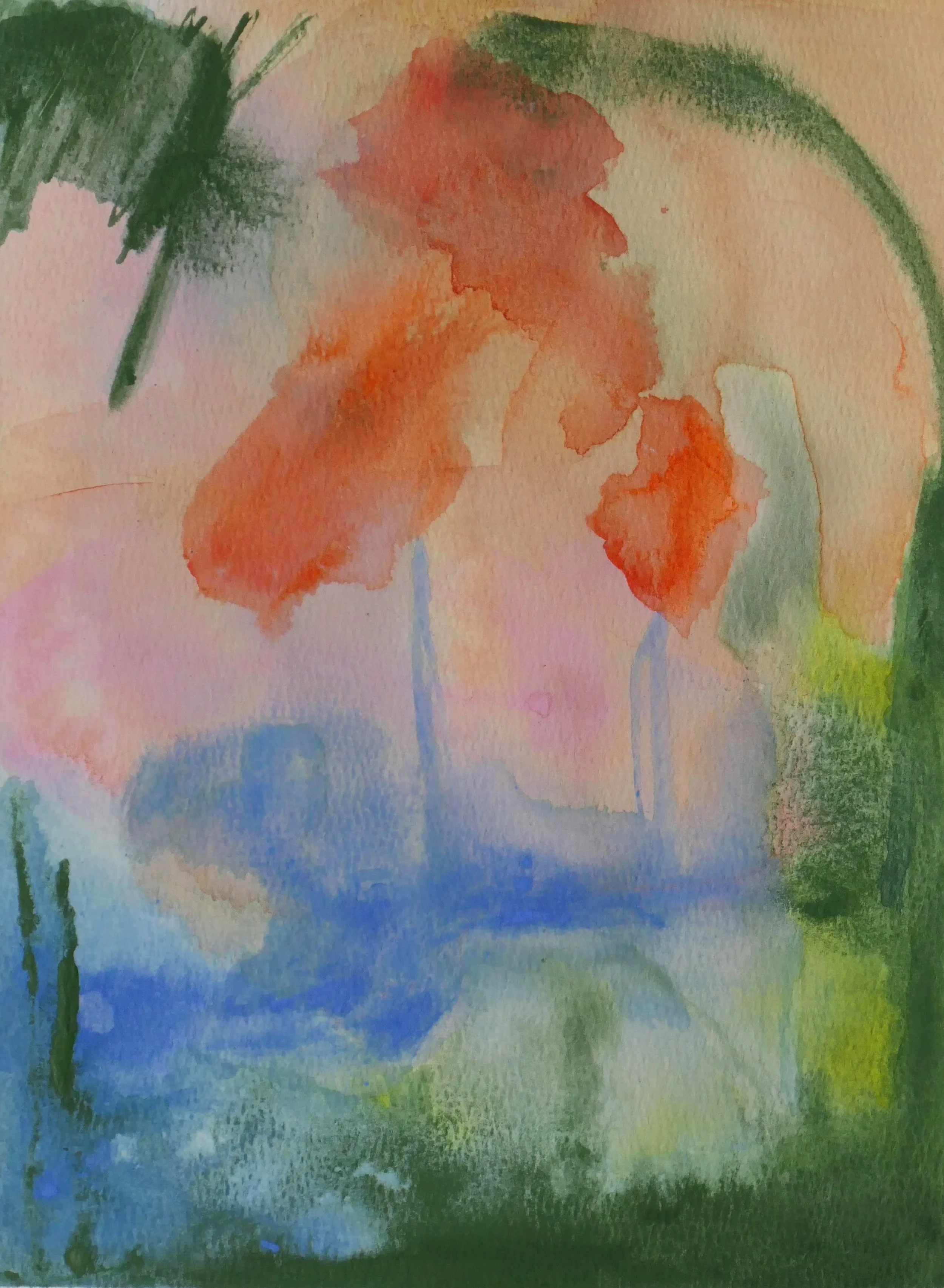 Watercolor painting of orange and pink flowers with green leaves and stems.