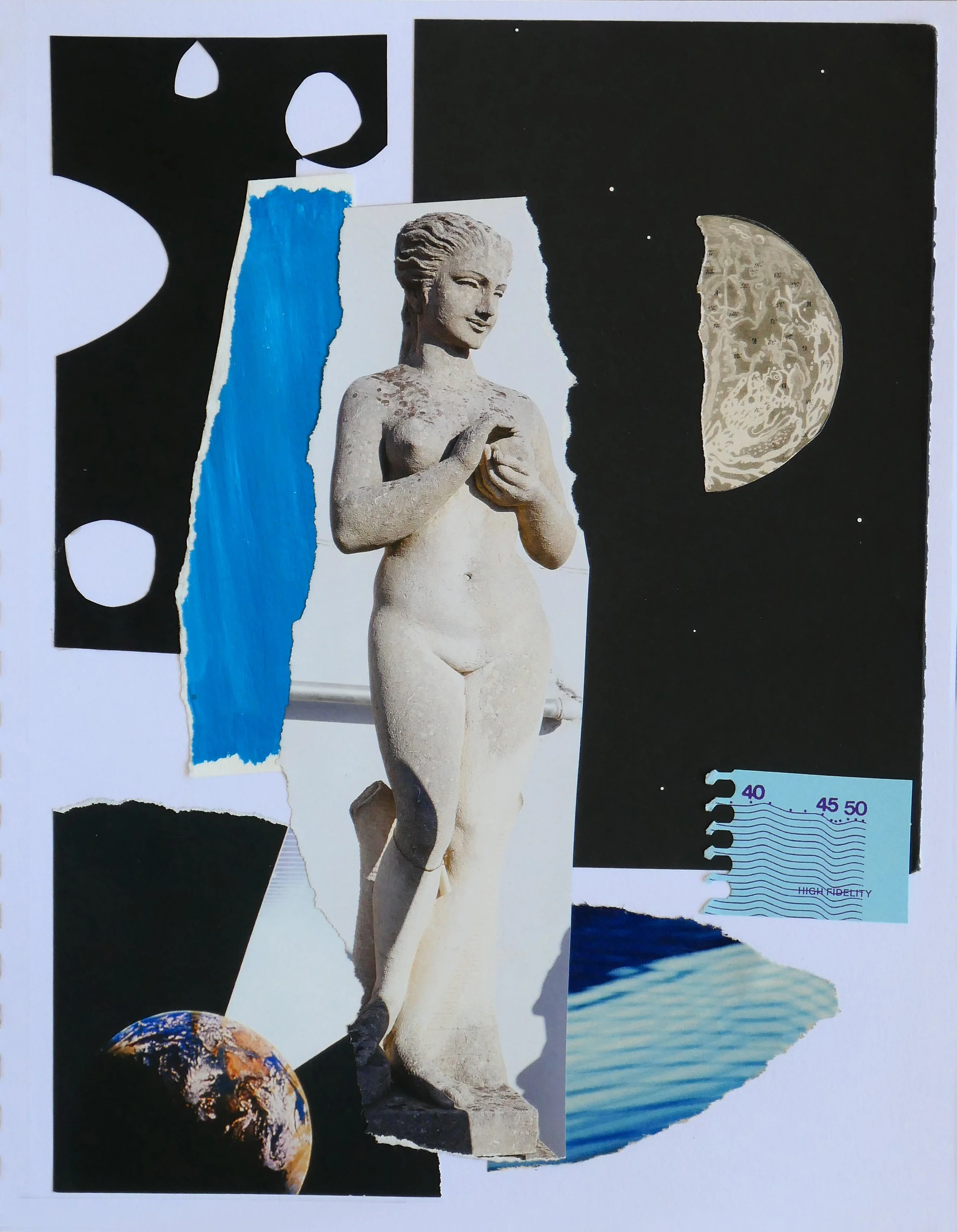 Collage featuring a stone sculpture of a woman, a partial view of the Earth, the moon, a torn piece of paper with a water wave pattern, and various abstract shapes and colors - Collage by Noemi Moreno
