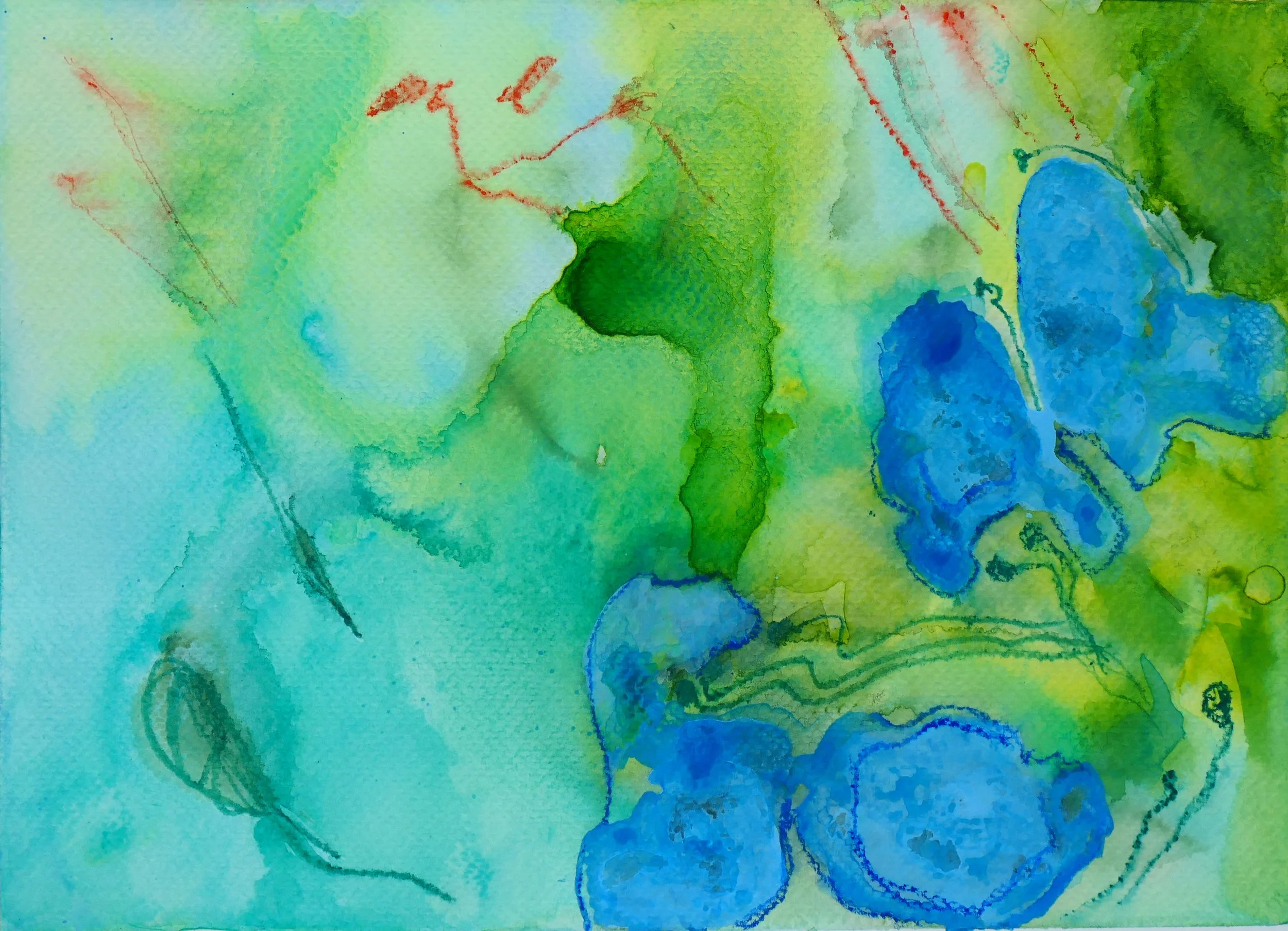 Watercolor painting with shades of blue, green, and hints of red, depicting abstract floral and foliage shapes.
