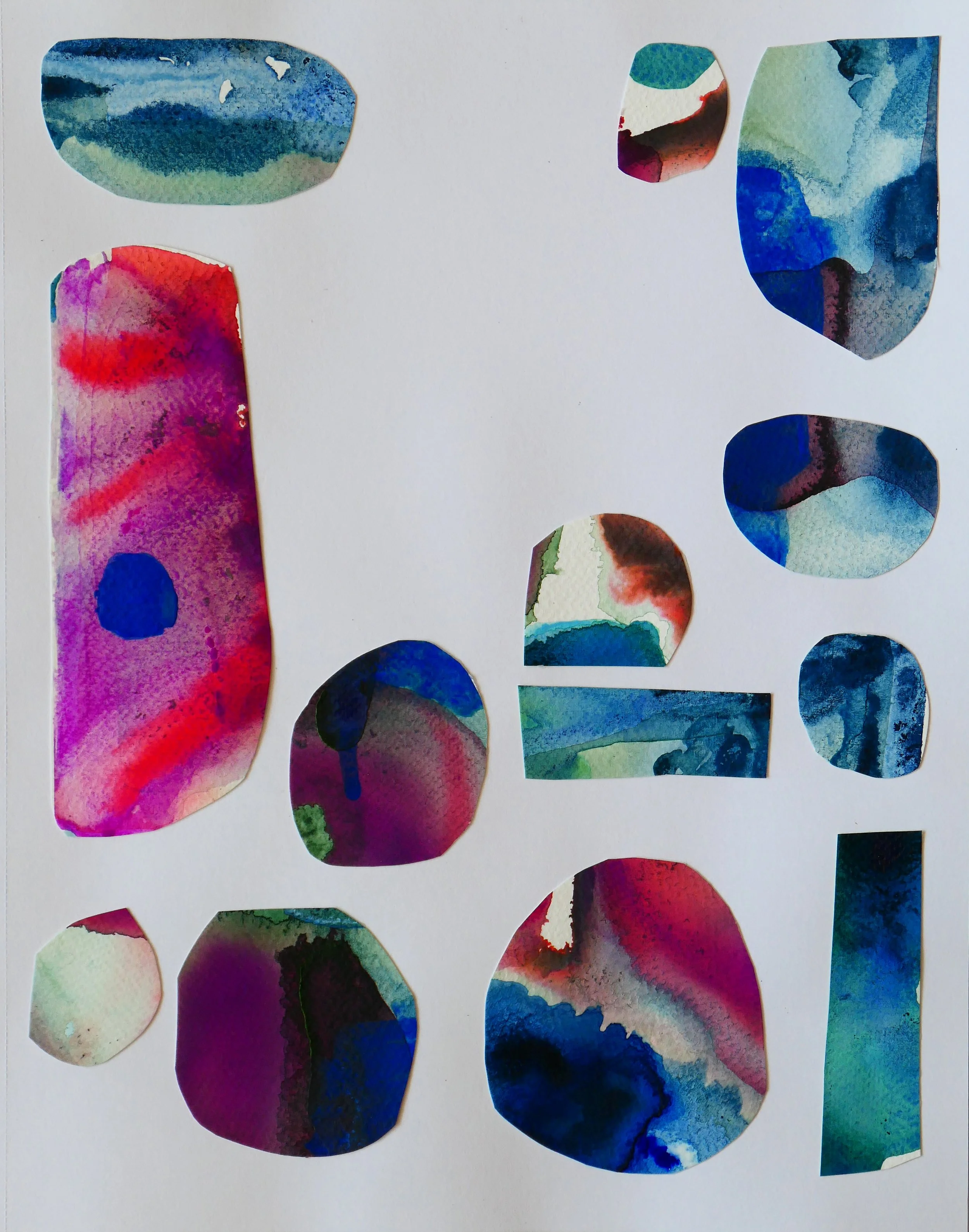 Colorful watercolor cutouts on white background - Collage by Noemi Moreno