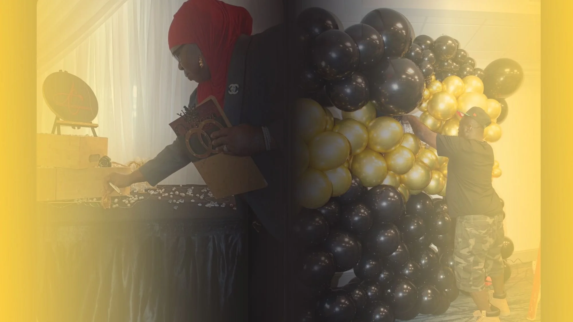 Split photo of the Moments Planning team in action — Aseelah Carter perfecting a wedding expo table design on the left, and her husband completing a luxury black-and-gold balloon wall on the right.