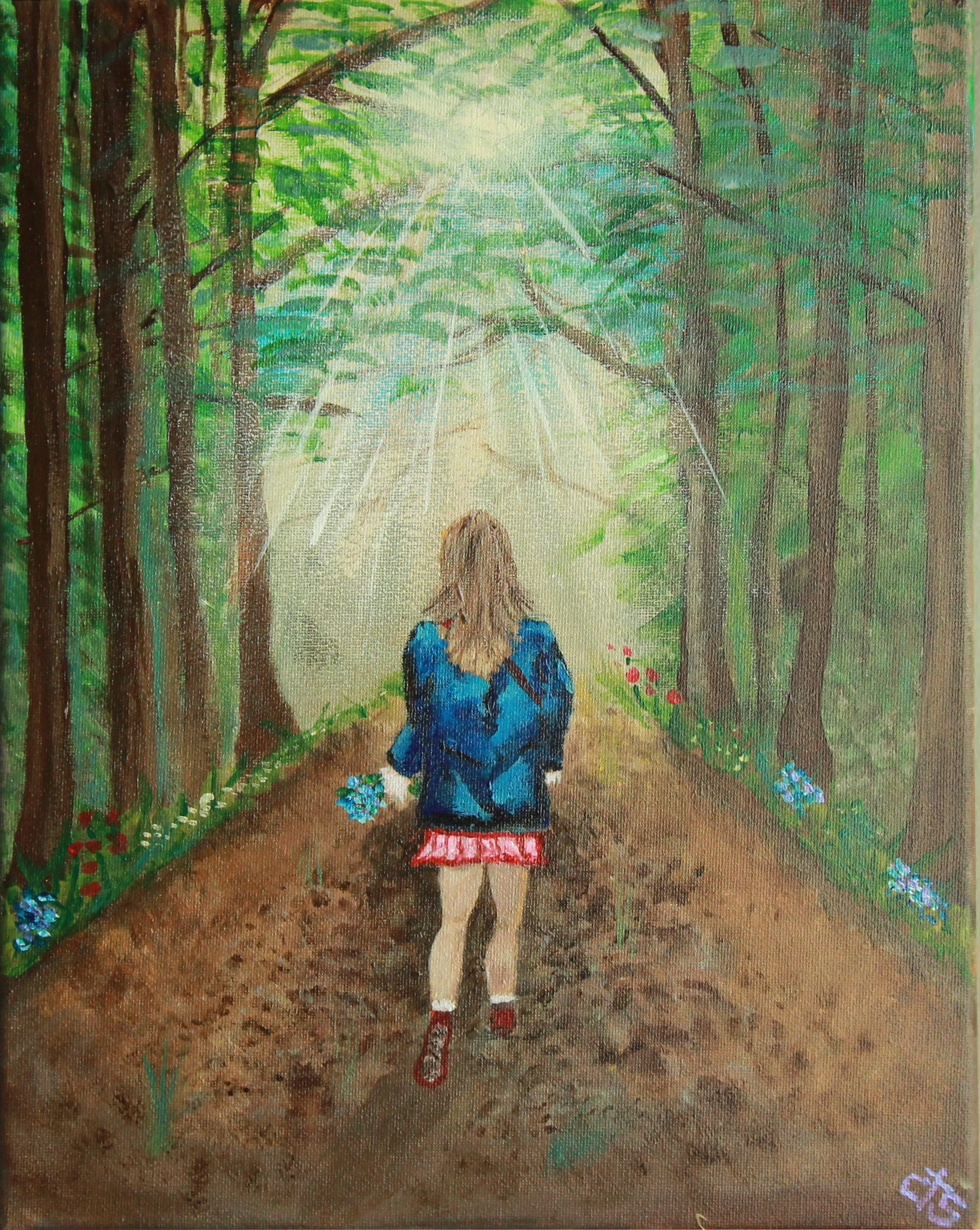 A Girl in the Forest Picking Flowers