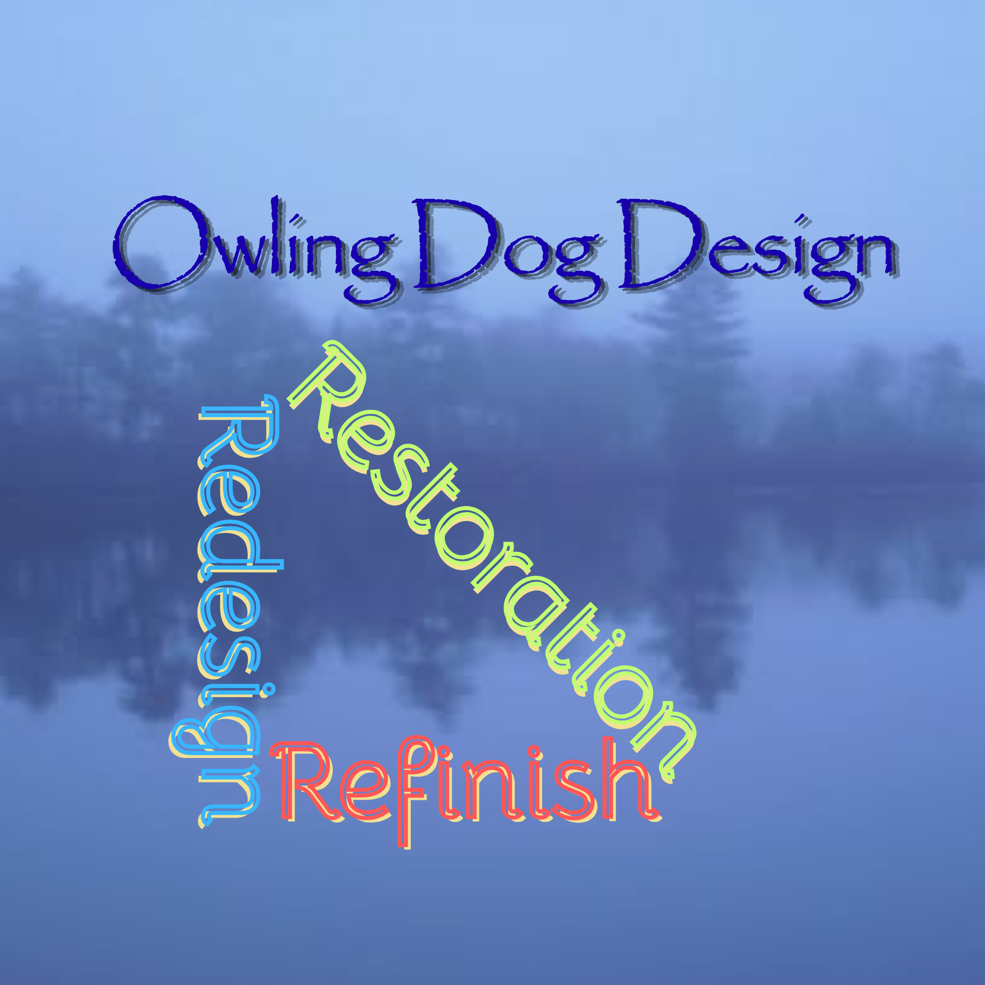 Neon sign displaying the words 'Owling Dog Design' at the top and 'Pastel Refresh' at the bottom, with a blue background that resembles a cloudy sky.