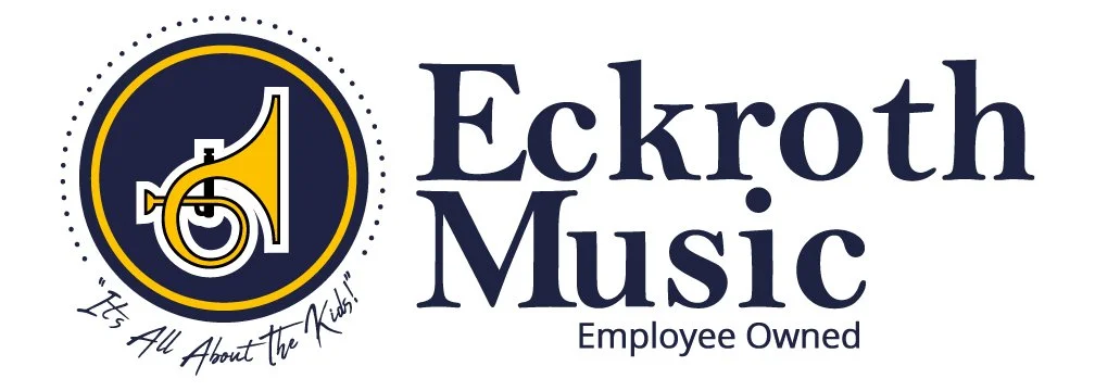 Logo for Eckrohth Music with a stylized trumpet inside a circle, with the tagline "Its All About the Rhythm!" and the words "Eckrohth Music Employee Owned".