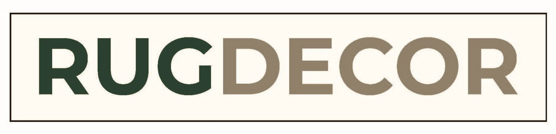 RUG DECOR text with black border on a white background